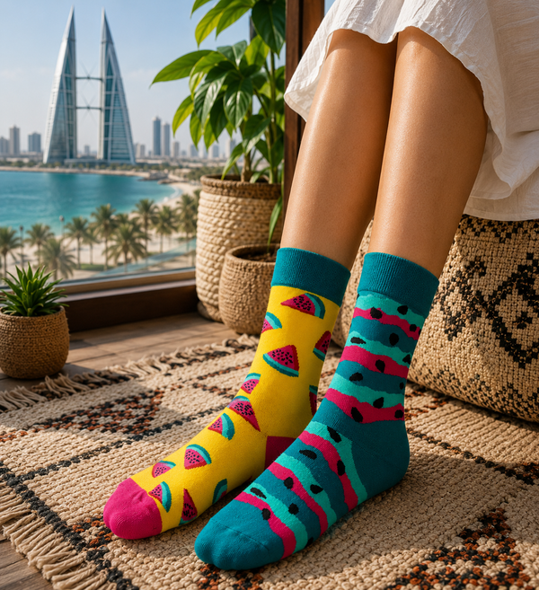 Colorful mismatched watermelon socks with fruit slice and striped watermelon patterns