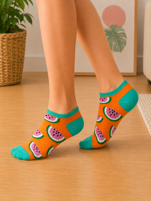 Orange ankle socks with watermelon slice pattern and turquoise heel and toe accents.