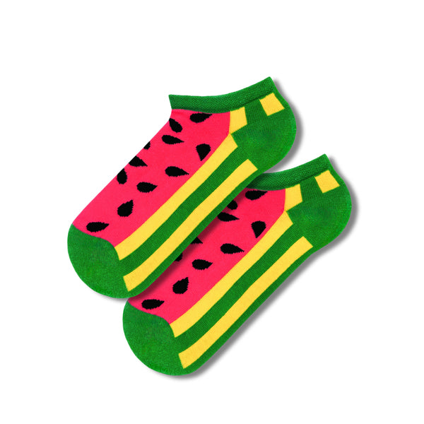  Watermelon Slice Ankle Socks – the perfect blend of comfort and color! These low-cut socks are bursting with juicy pink, green, and yellow tones, 