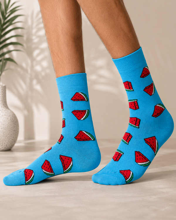Blue crew socks with red watermelon slice patterns for men and women.