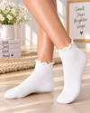 White ankle socks with delicate ruffle trim and ribbed texture