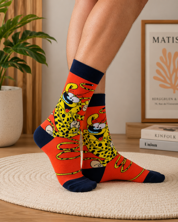 Orange retro cartoon inspired crew socks featuring wild cheetah character artwork