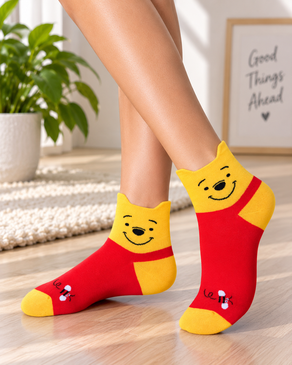 Red and yellow Winnie the Pooh low cut socks with character face design