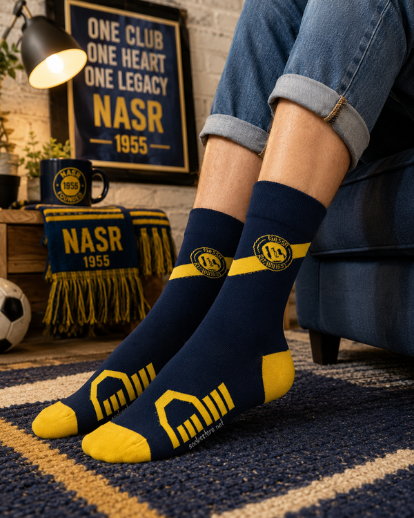 Navy blue and yellow football-inspired crew socks with athletic stadium graphics and sporty detailing.