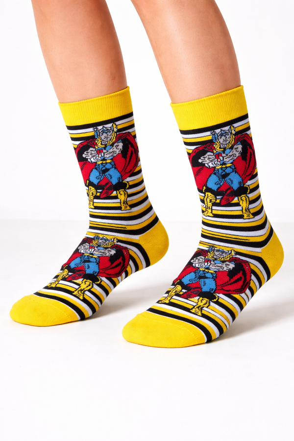 Bold hero striped graphic socks in yellow, black, white, red, and blue