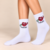 White crew socks with red lips, green chili pepper and You Are Hot slogan