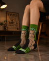 Green anime crew socks featuring a Zoro character graphic design with black and green details