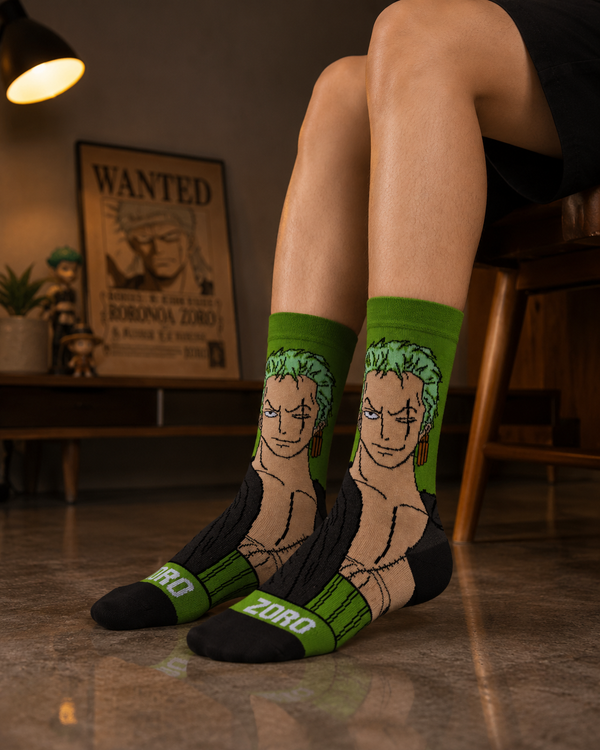 Green anime crew socks featuring a Zoro character graphic design with black and green details