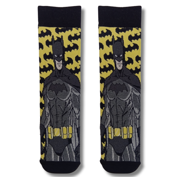 Batman crew socks featuring a black and grey Batman design with yellow background and repeating bat symbols
