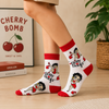 White and red cartoon character socks featuring retro Betty style artwork with heart patterns