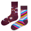 Burgundy mismatched crew socks with unicorns, rainbows, and colorful stripes
