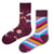 Burgundy mismatched crew socks with unicorns, rainbows, and colorful stripes