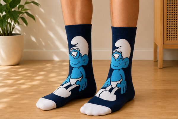 Front view of Classic Smurf inspired crew socks with blue cartoon character design on a navy background.