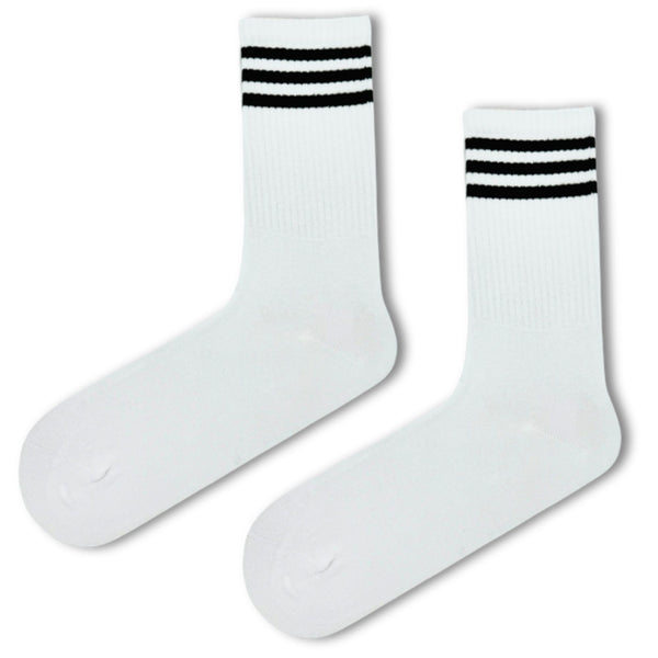 Classic White Crew Socks with triple black stripes are a must-have for everyday wear.