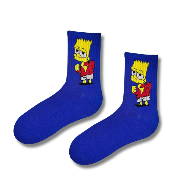 Blue crew socks featuring a cool cartoon boy character design in colorful streetwear style.