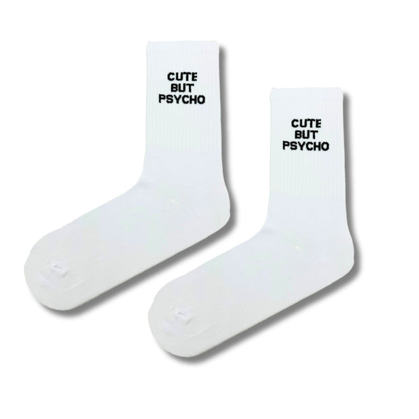 Crew socks with black 'CUTE BUT PSYCHO' text