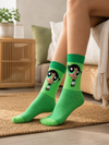 Green crew socks with cute cartoon girl design, unisex cotton socks