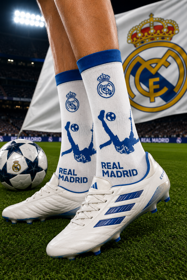 Real Madrid inspired white and blue football crew socks with bicycle kick player graphic