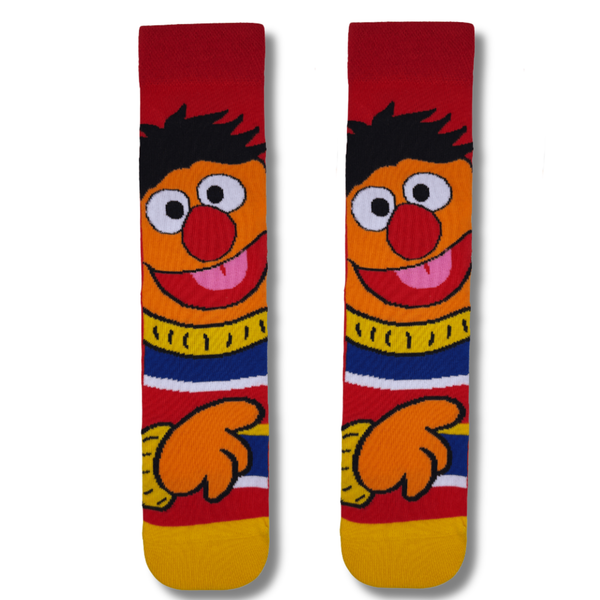 Front view of Ernie inspired cartoon crew socks with colorful retro character design on a clean background.