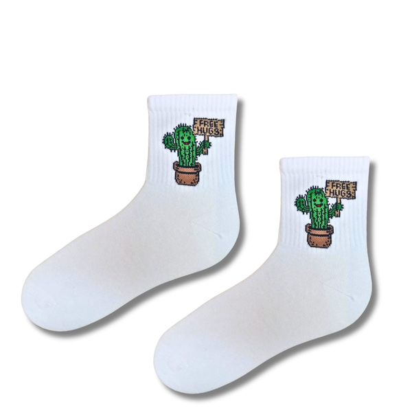 Free Hugs Cactus White Crew Socks