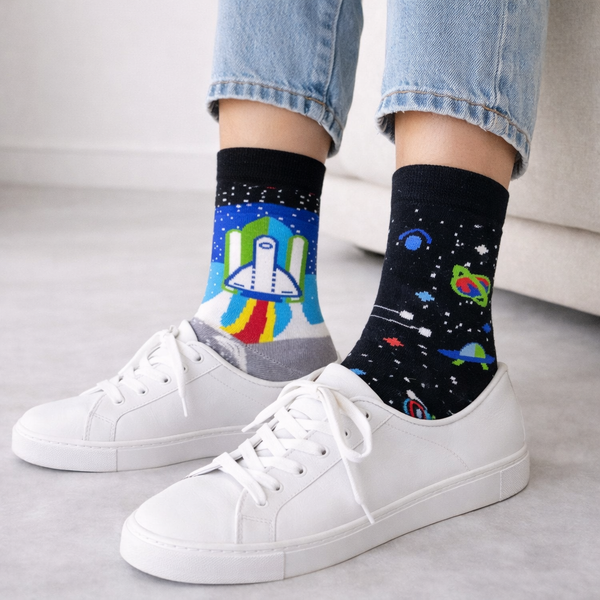 Colorful galaxy and rocket crew socks with spaceship launch and outer space design, unisex breathable cotton socks.
