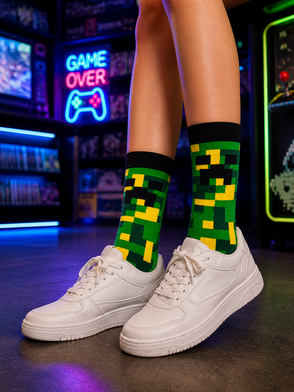 Green crew socks with pixel block gaming design, unisex cotton socks