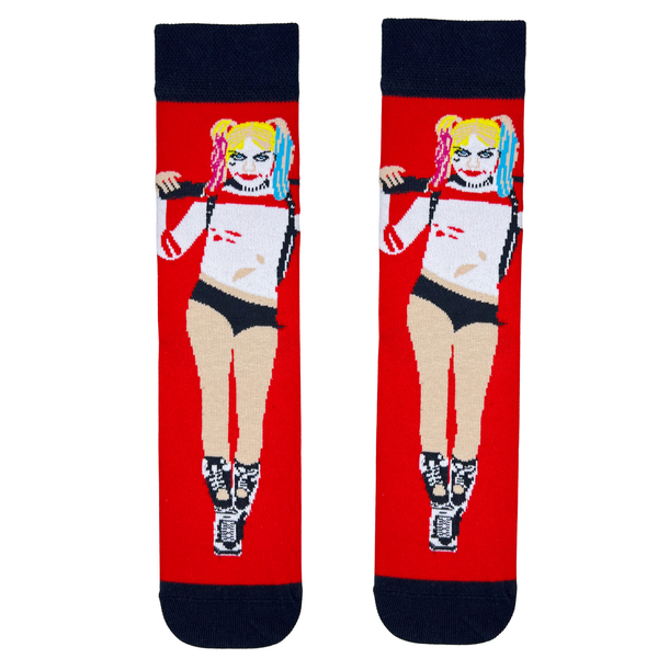 Harley Quinn inspired character socks with red background and colorful comic-style design.