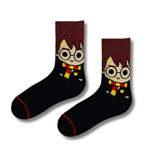 Black and dark red crew socks featuring a cute wizard-inspired cartoon character with round glasses and a red-yellow striped scarf in a magical-themed minimalist design.
