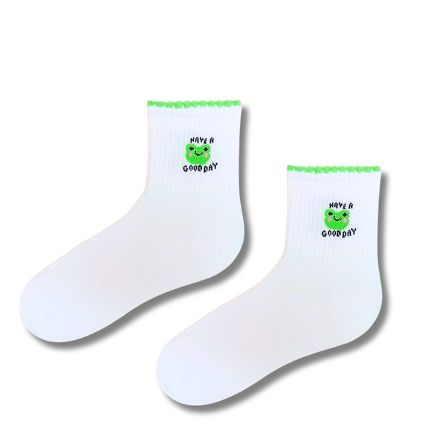 Have a Good Day White Crew Socks