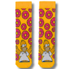 Yellow crew socks featuring a donut-loving cartoon character surrounded by pink frosted donuts.