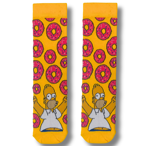Yellow crew socks featuring a donut-loving cartoon character surrounded by pink frosted donuts.