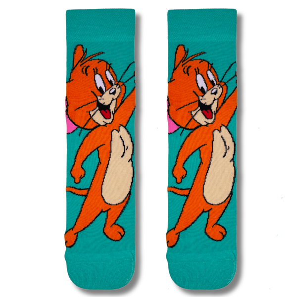 Turquoise crew socks with cheerful Jerry mouse inspired cartoon character design