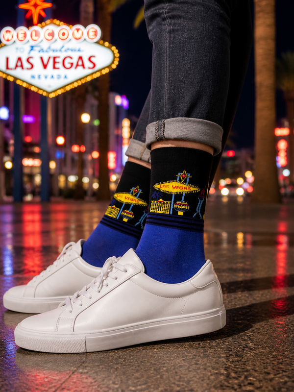 Blue crew socks with Las Vegas neon skyline design, unisex cotton socks