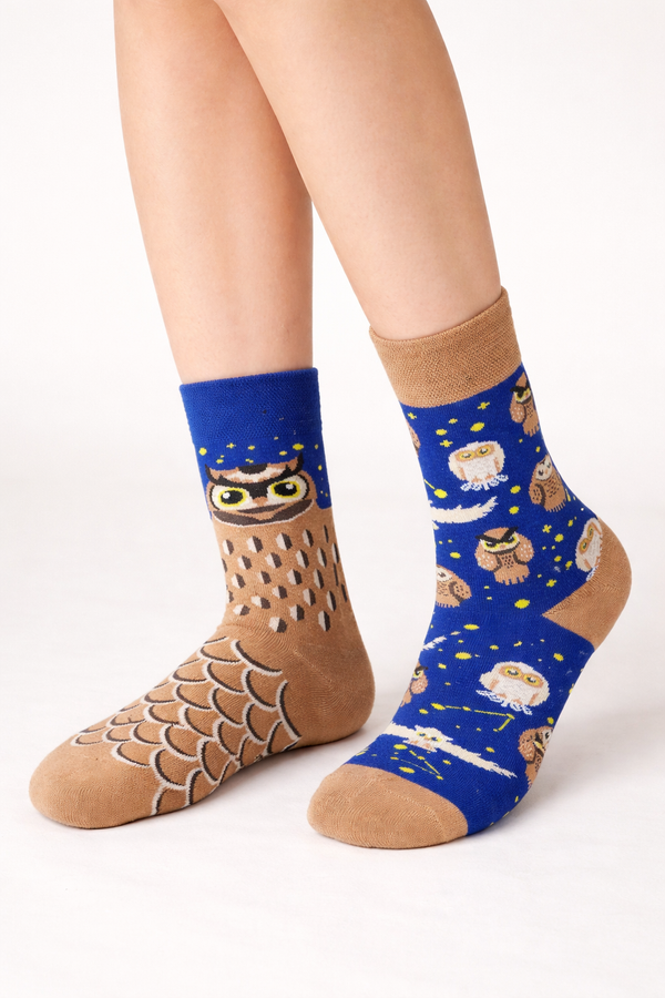 Mismatched owl crew socks with brown owl face design and blue night-sky owl pattern, unisex breathable, size 35 to 45