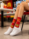 Red crew socks with French fries design, unisex cotton socks