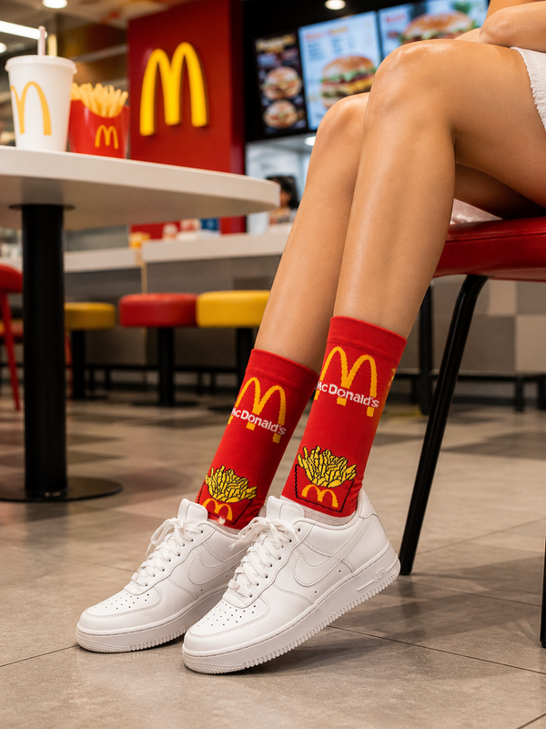 Red crew socks with French fries design, unisex cotton socks