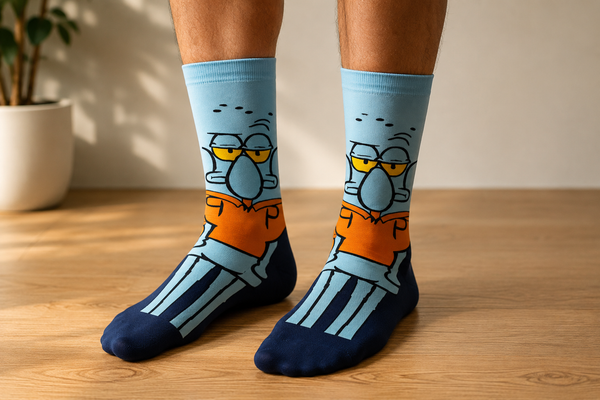 Front view of Squidward inspired cartoon crew socks with funny animated character design on a clean background.