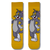 Yellow crew socks with playful grey cartoon cat character design