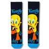 Tweety Bird Cartoon Crew Socks with colorful yellow cartoon bird design on a black background