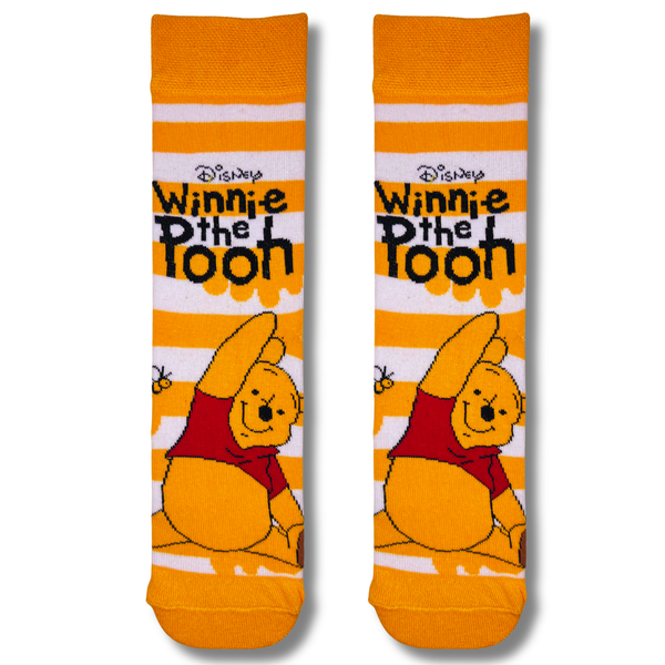 Yellow Winnie The Pooh crew socks with white stripes and cartoon character design